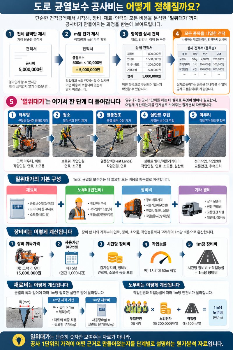 도로공사 비용은 어떻게 정해질까?아스팔트 균열보수 가격과 ‘일위대가’를 쉽게 알아보기